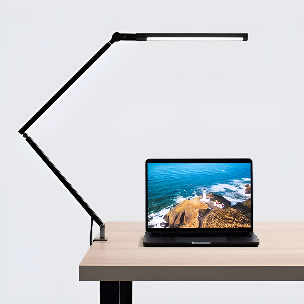 Flexible gooseneck LED desk lamp with remote control and stainless steel clip mount in black finish