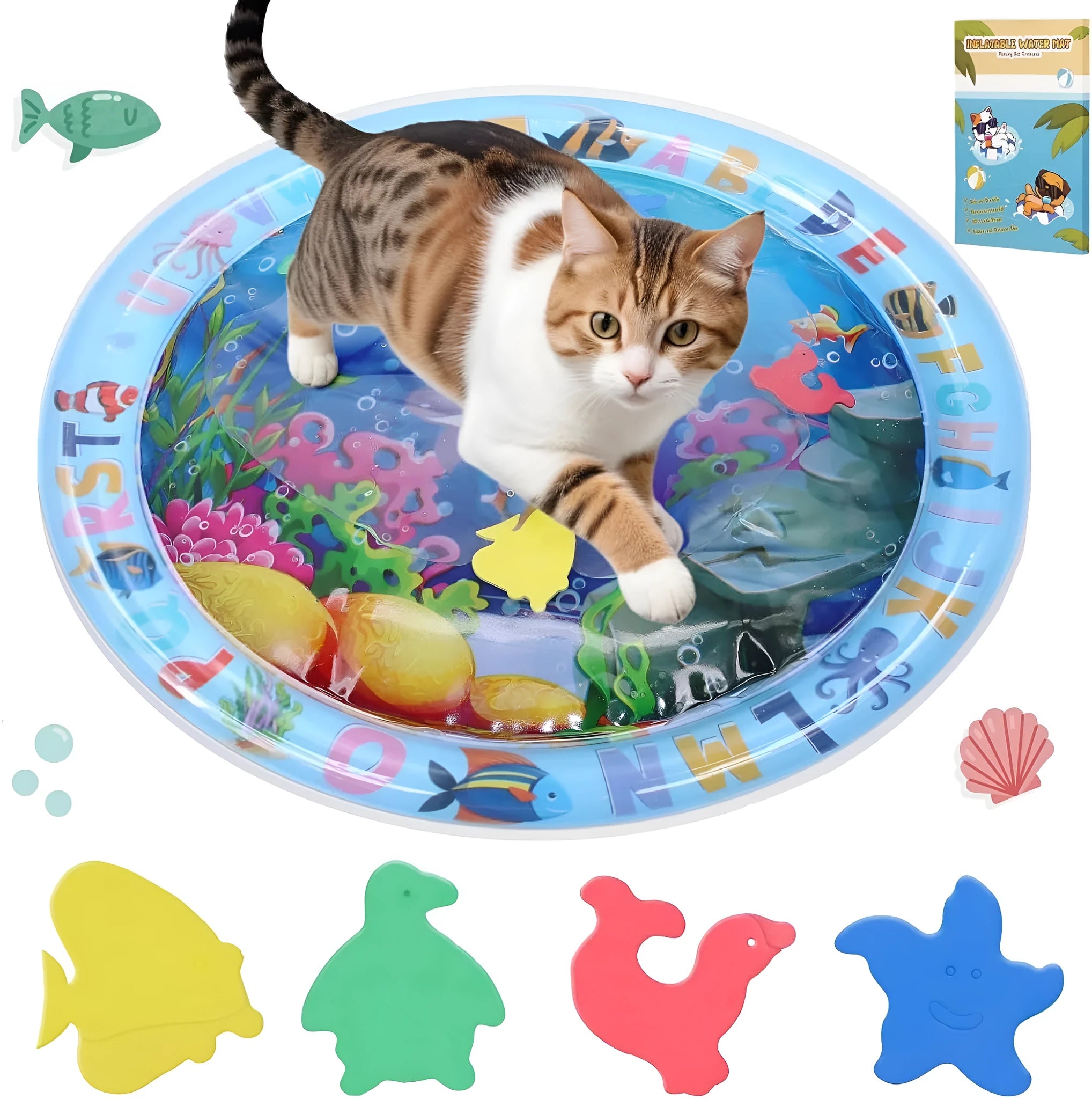 Square blue ocean-themed PVC water play mat for cats with floating fish toys inside, shown on a floor.