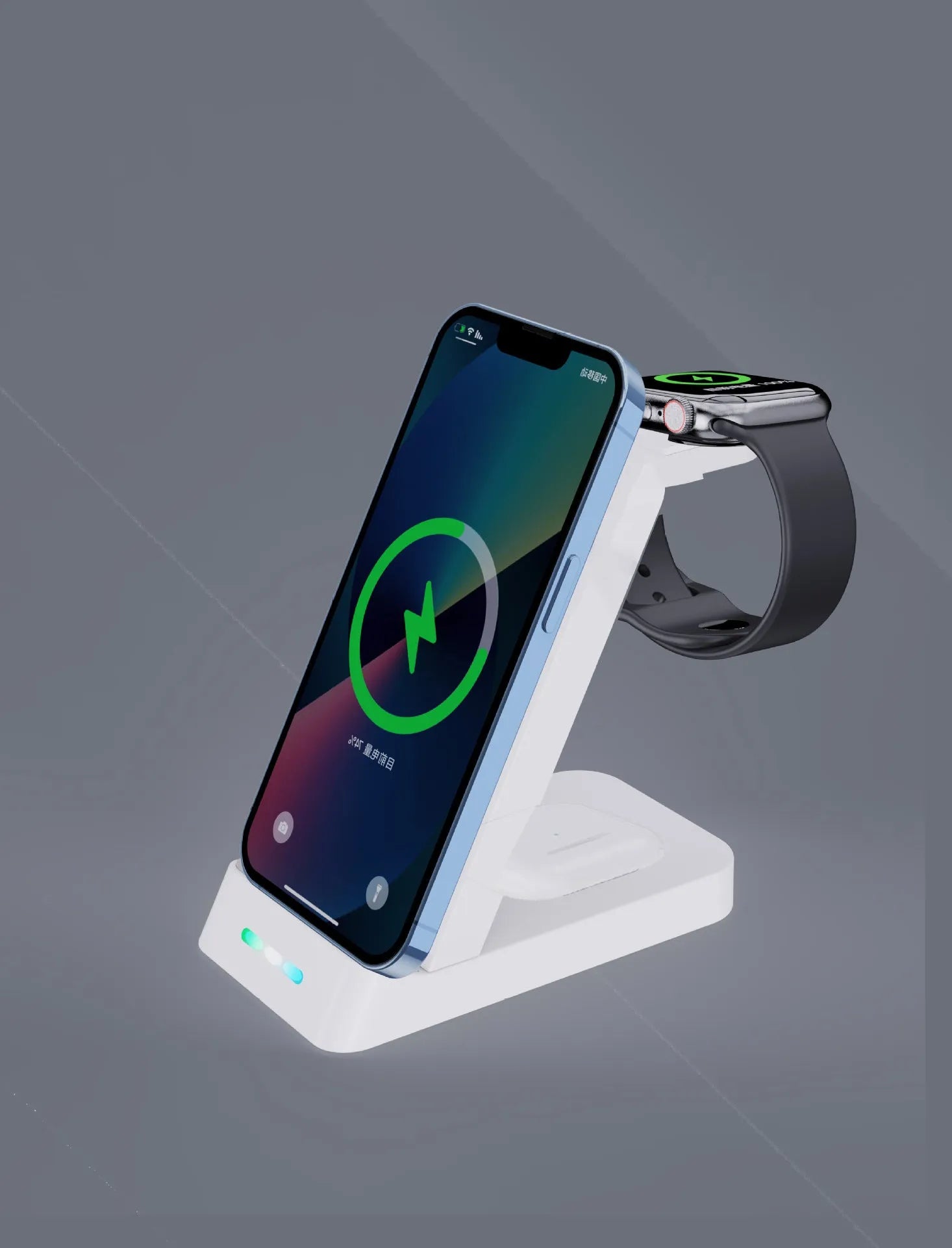 Black and white 3-in-1 wireless charging station for phone, Apple Watch and AirPods on a desk