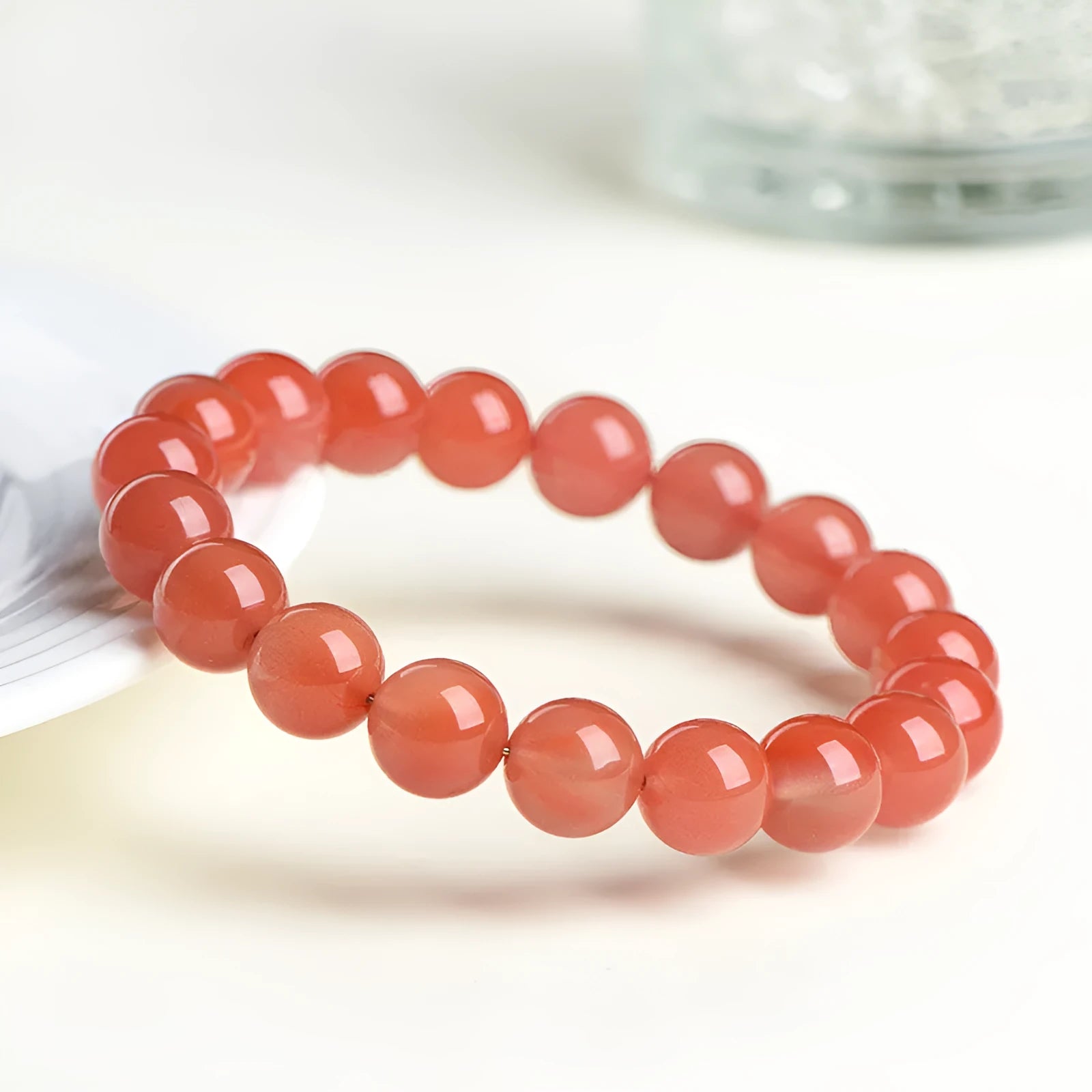 Natural South Red Cherry Red Agate beaded bracelet with polished round stone beads.