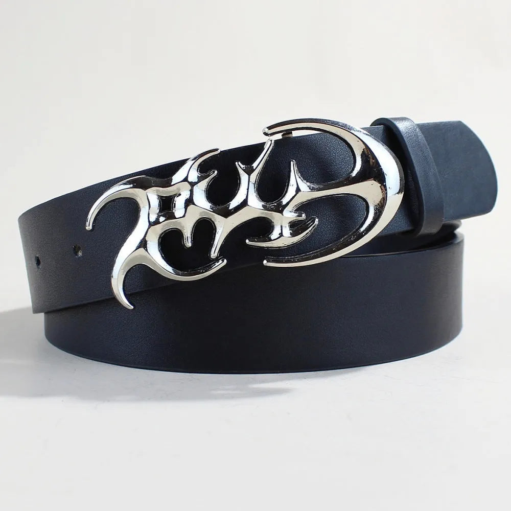 Men's silver buckle casual belt made from black PU leather with snap button closure.
