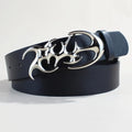 Men's silver buckle casual belt made from black PU leather with snap button closure.