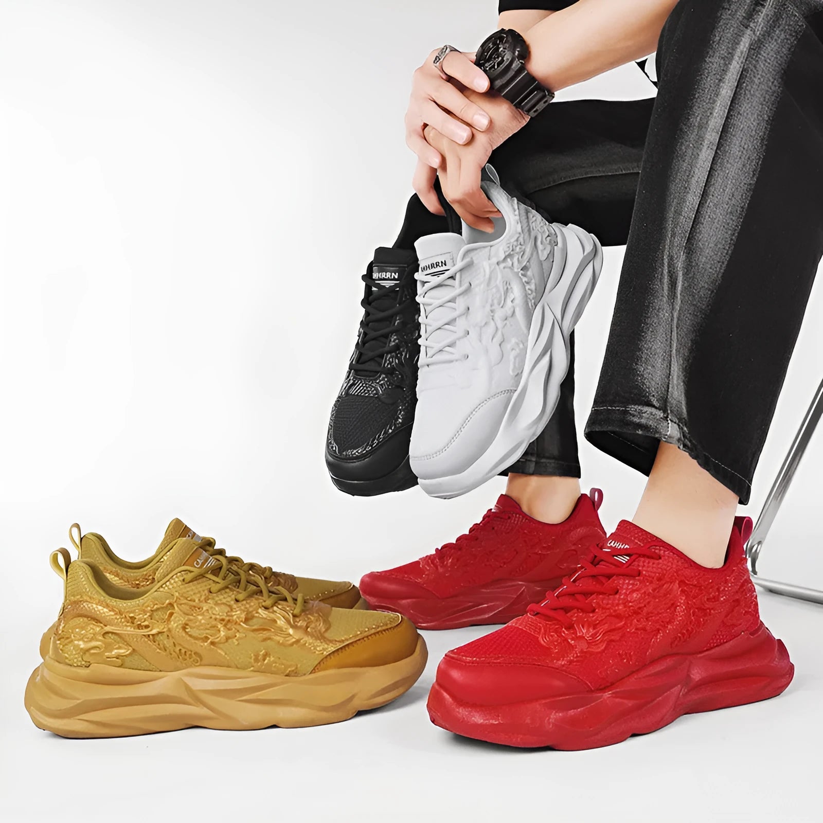 Casual Loong breathable sneakers in a dragon pattern colourway with a fly knit upper and rubber sole.