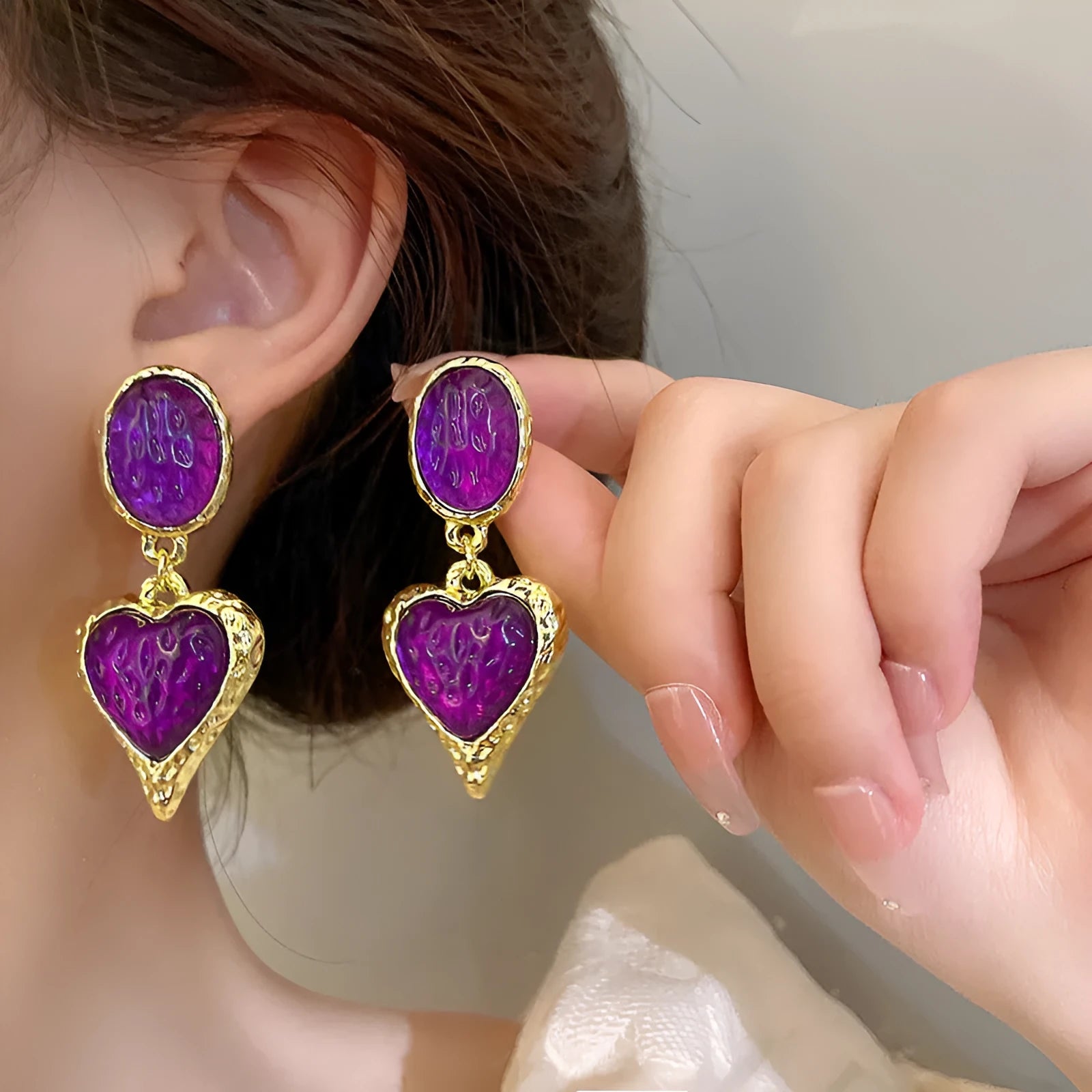 Silver needle pleated oval love heart stud earrings in green, purple, red, and yellow and white colours.