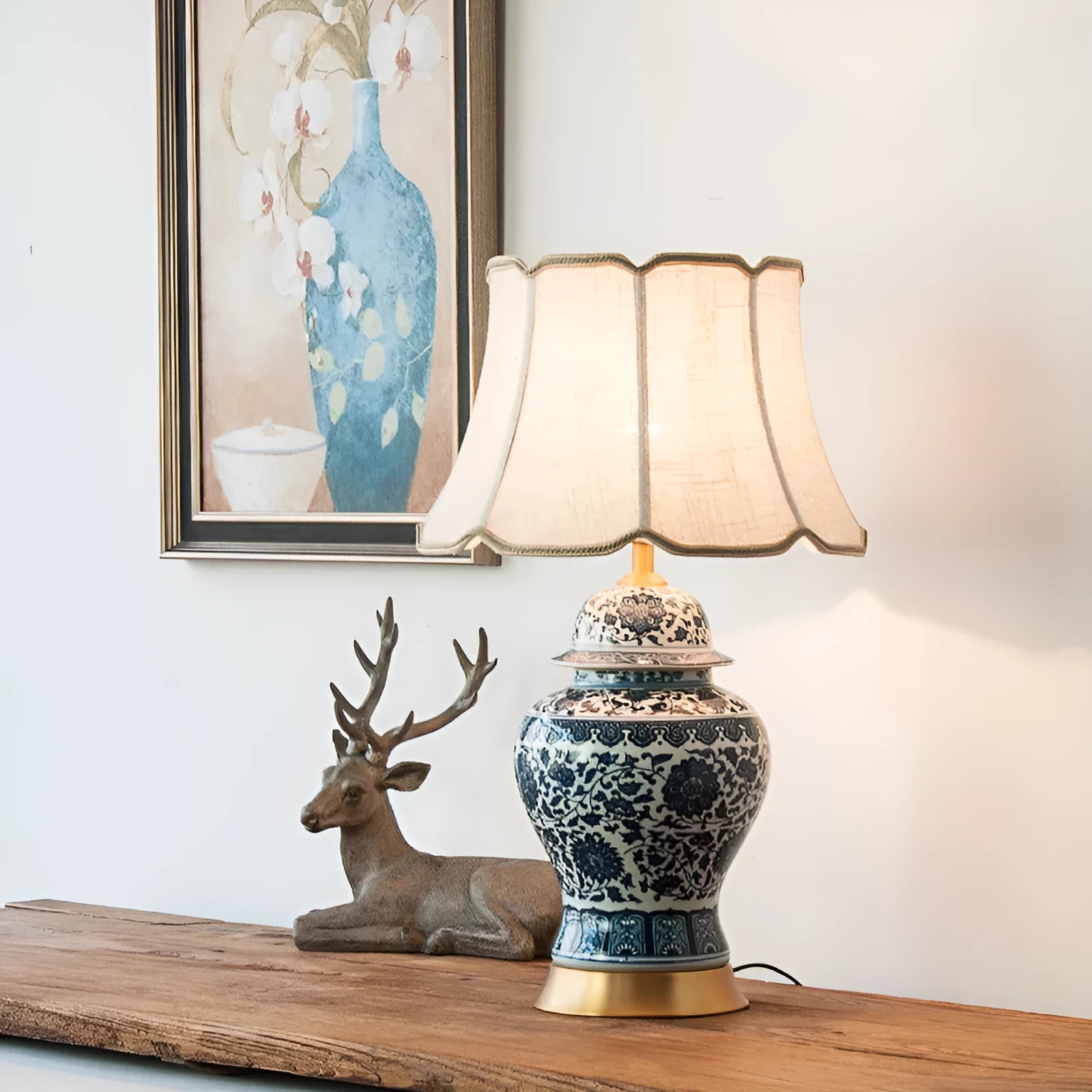 Blue and white Chinese porcelain table lamp with ceramic construction and copper fittings