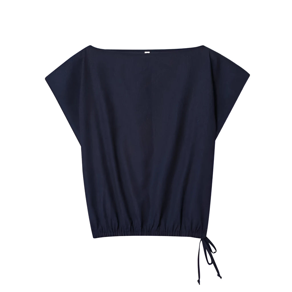 Women's linen blend blouse with flounce sleeves and matching wide-leg trousers coordinated set