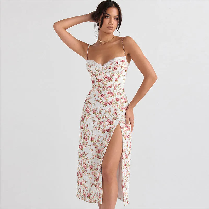 Women's long lace floral print dress with side slit and adjustable suspender straps in blue, green, or red