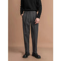 Men's straight-leg suit trousers in black, brown, grey, or khaki, shown on a model.