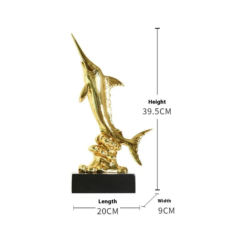 A European-style swordfish sculpture decoration in resin, shown in one of four colour options.