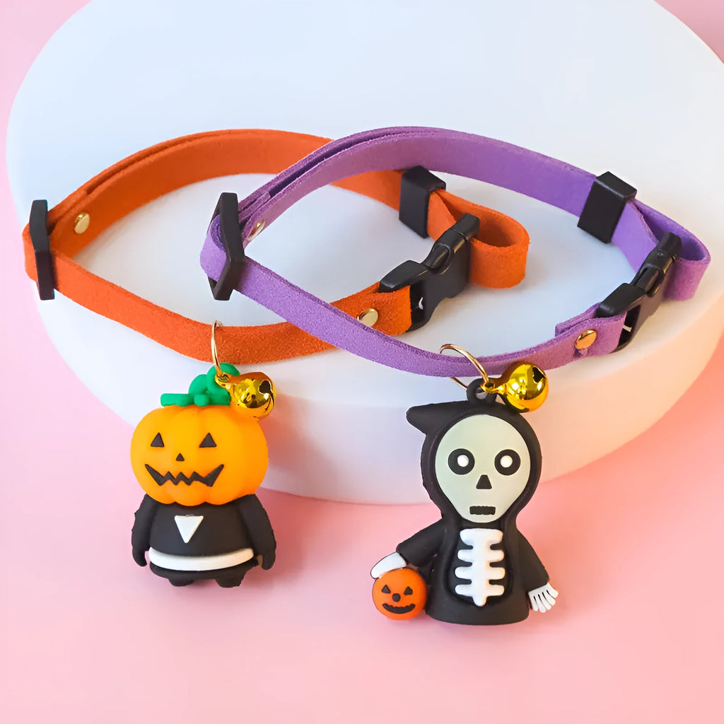 Halloween dog collar decoration with luminous pumpkin man or skull pattern in polyester material
