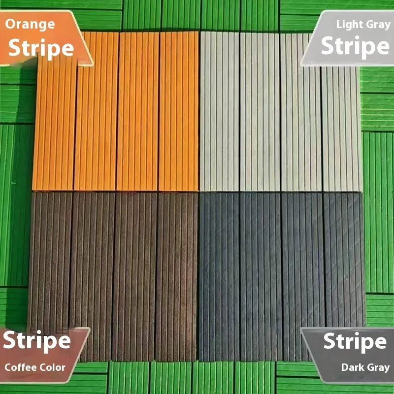 A pack of 10 square wood grain plastic floor tiles showing non-slip surface texture.