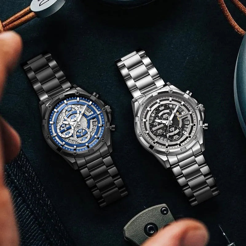 Men's waterproof luminous quartz watch with stainless steel bracelet in black, gold, or silver colour options