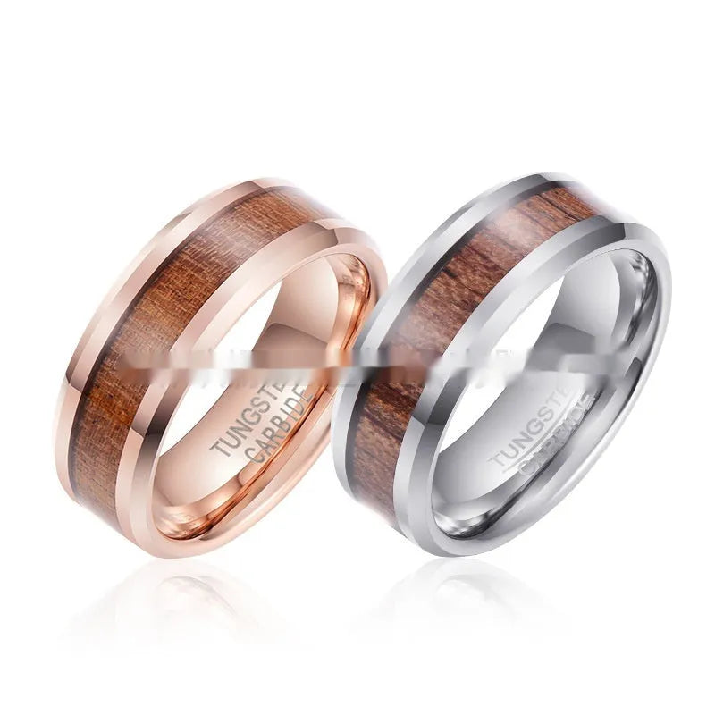 Ugyen tungsten ring with wood leather texture in 8mm width, rose gold or steel colour options