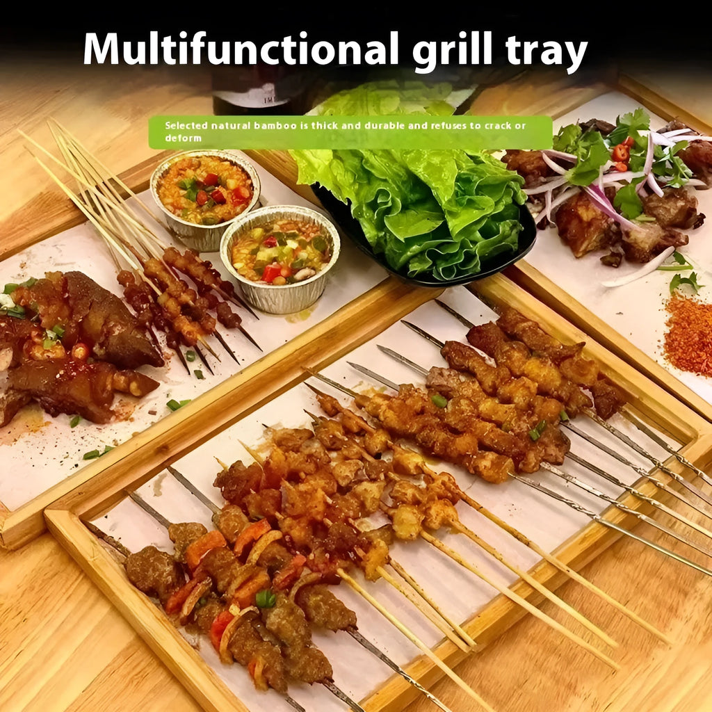 Brown bamboo square catering tray with handle for restaurant serving