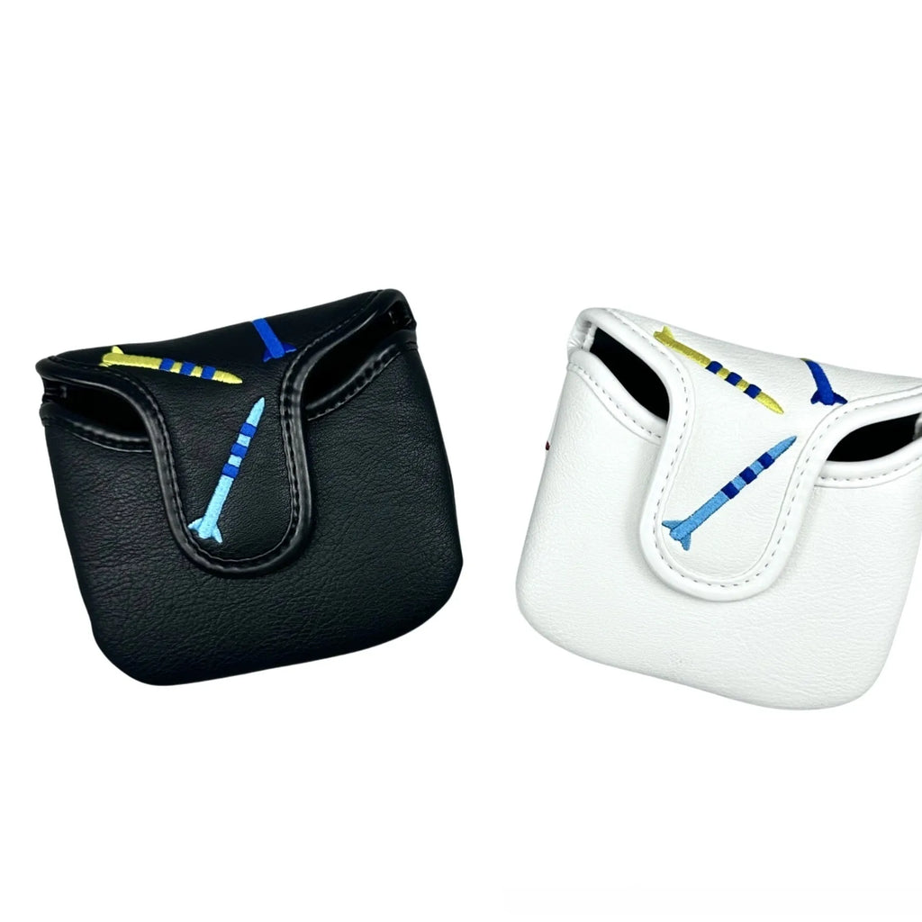 Black and white golf putter protective sleeve with rocket pattern square design