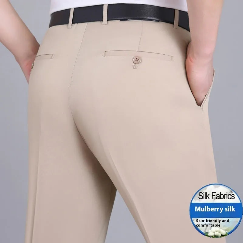 Men's straight-cut high-waist business trousers in a mulberry silk blend fabric.