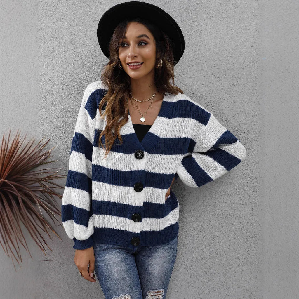 Women's striped cardigan with button front and deer plush fabric in European-American street fashion style