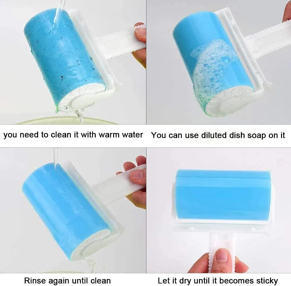 Blue reusable washable lint roller with cover for removing pet hair from clothes and furniture.
