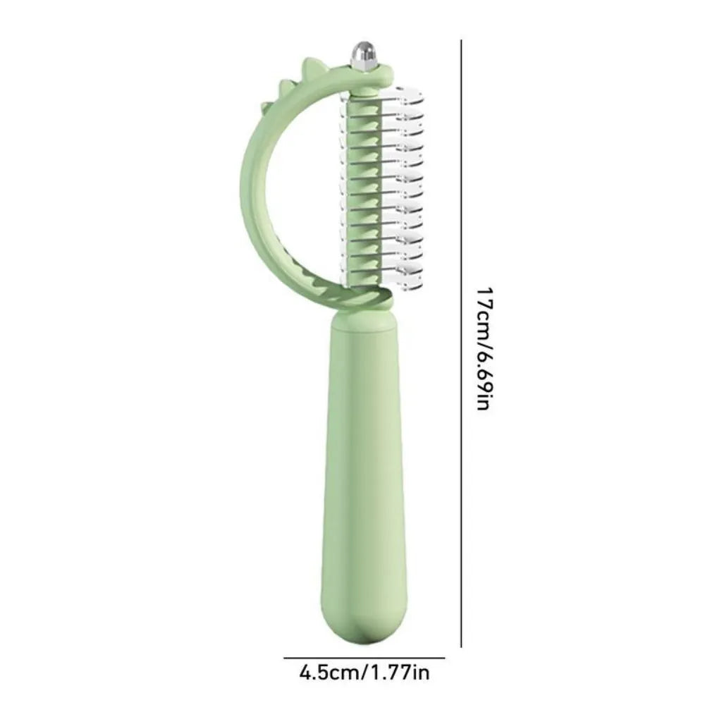 Blue dinosaur-shaped cat brush with stainless steel bristles for self-cleaning grooming