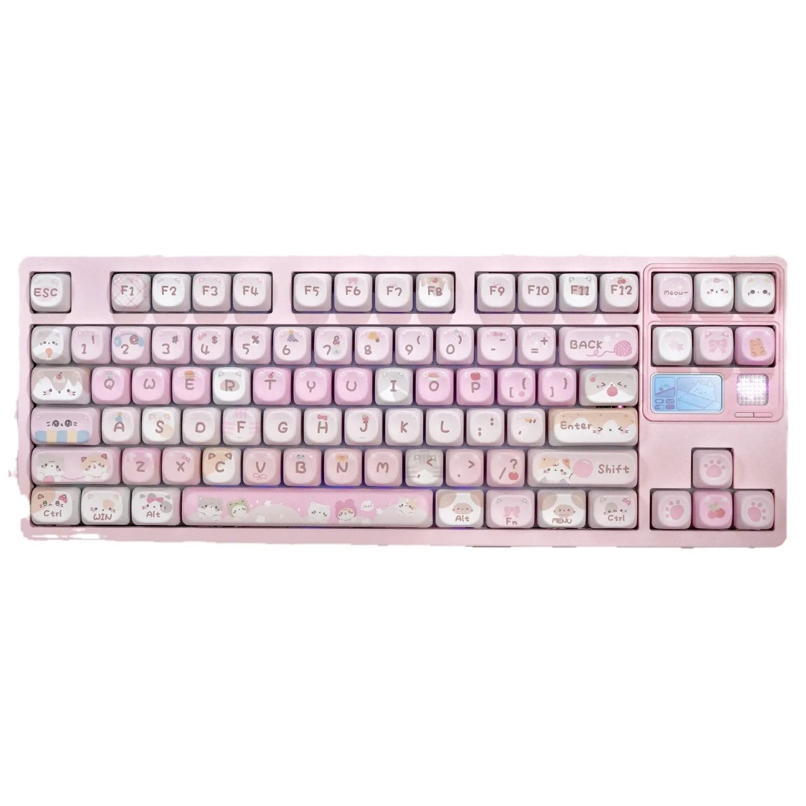 MOA height pink cartoon sublimation key caps for mechanical keyboards showing five-sided artwork coverage.