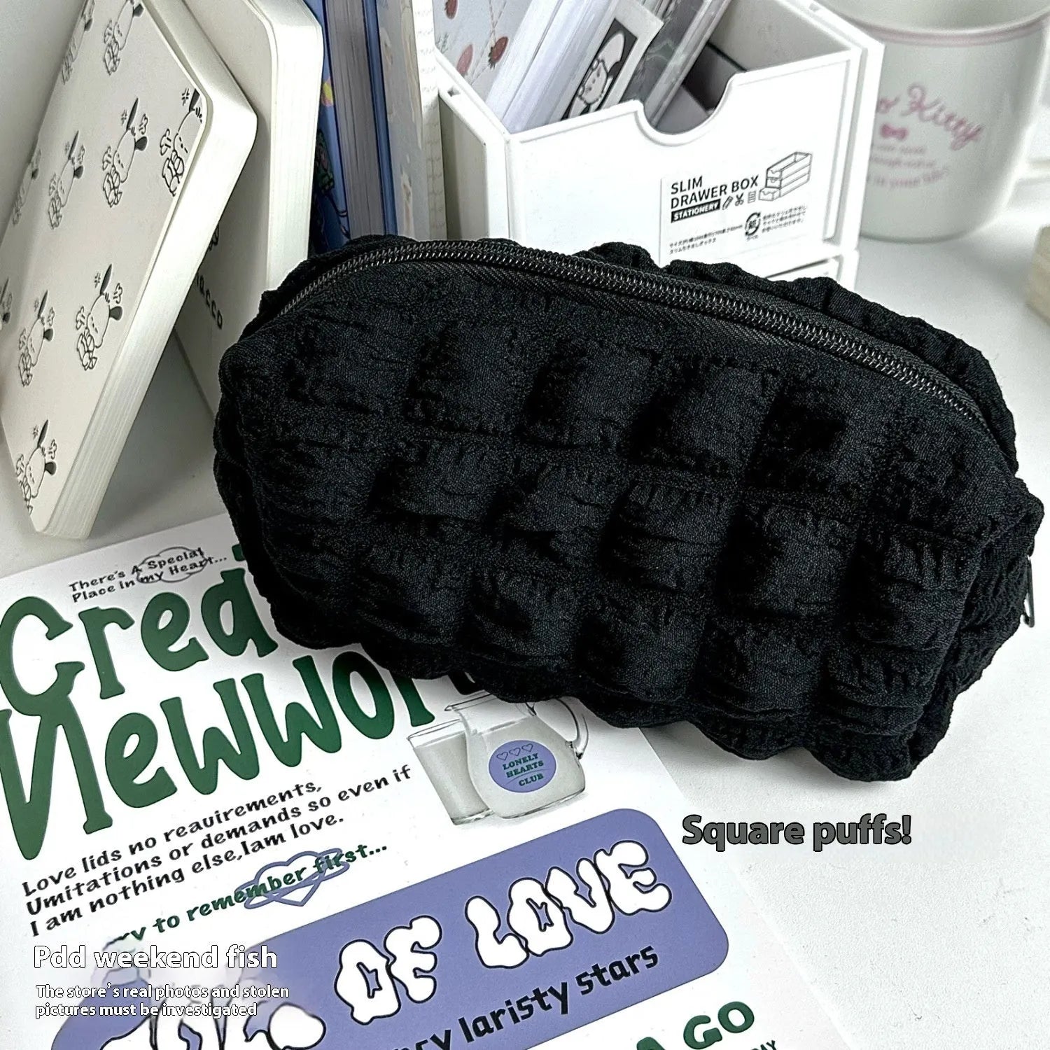 Fabric pencil case with cream puff design in beige colour option