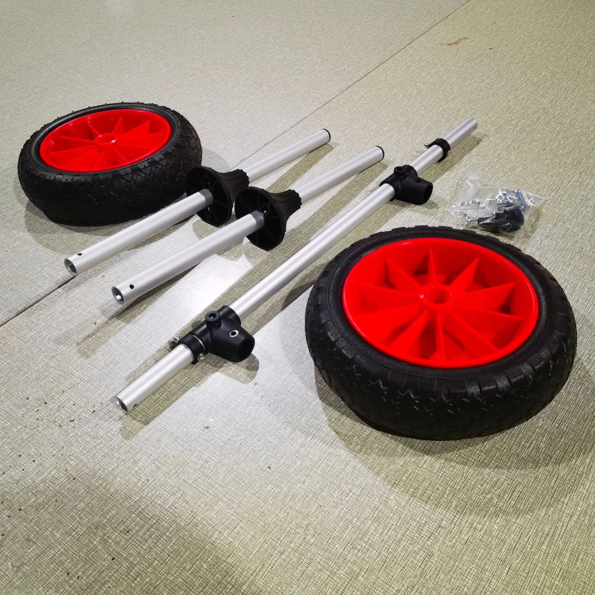 Foldable aluminium kayak trailer with upright pole platform and small cart for beach transport