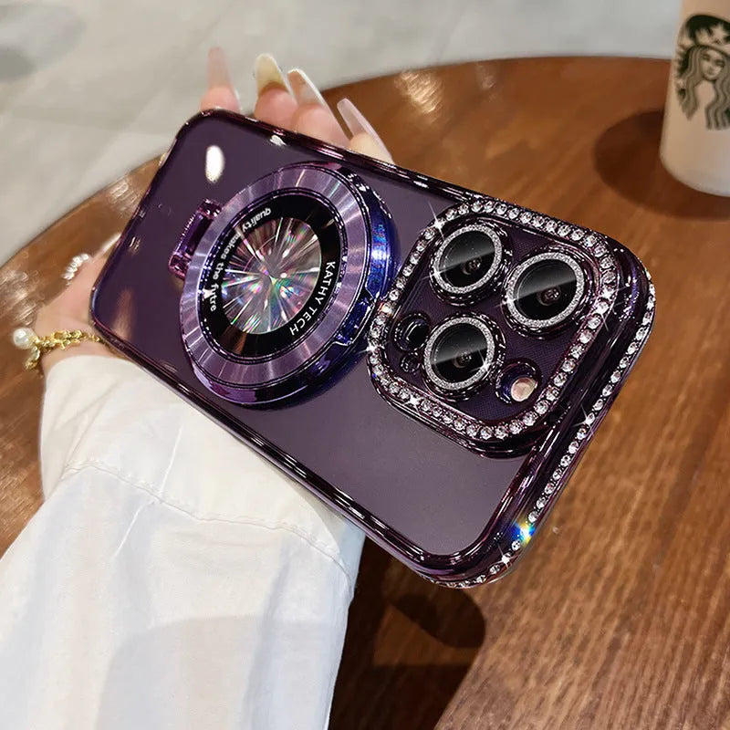 Magnetic bracket rhinestone frame phone case for Apple iPhone in transparent silicone with decorative rhinestones
