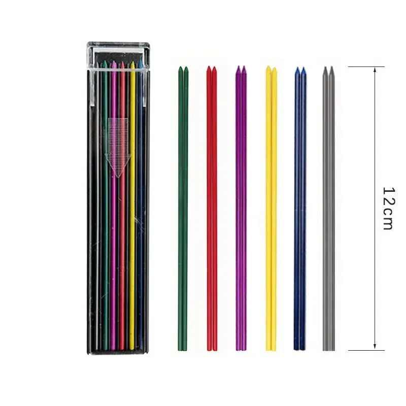 Box containing 12 rainbow-coloured mechanical pencil refill leads for drawing and painting.