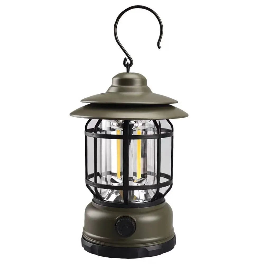 Portable camping lantern in dark green, black, or red with battery power options