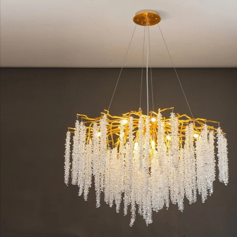 Crystal chandelier with adjustable height and LED lighting in aluminum alloy frame