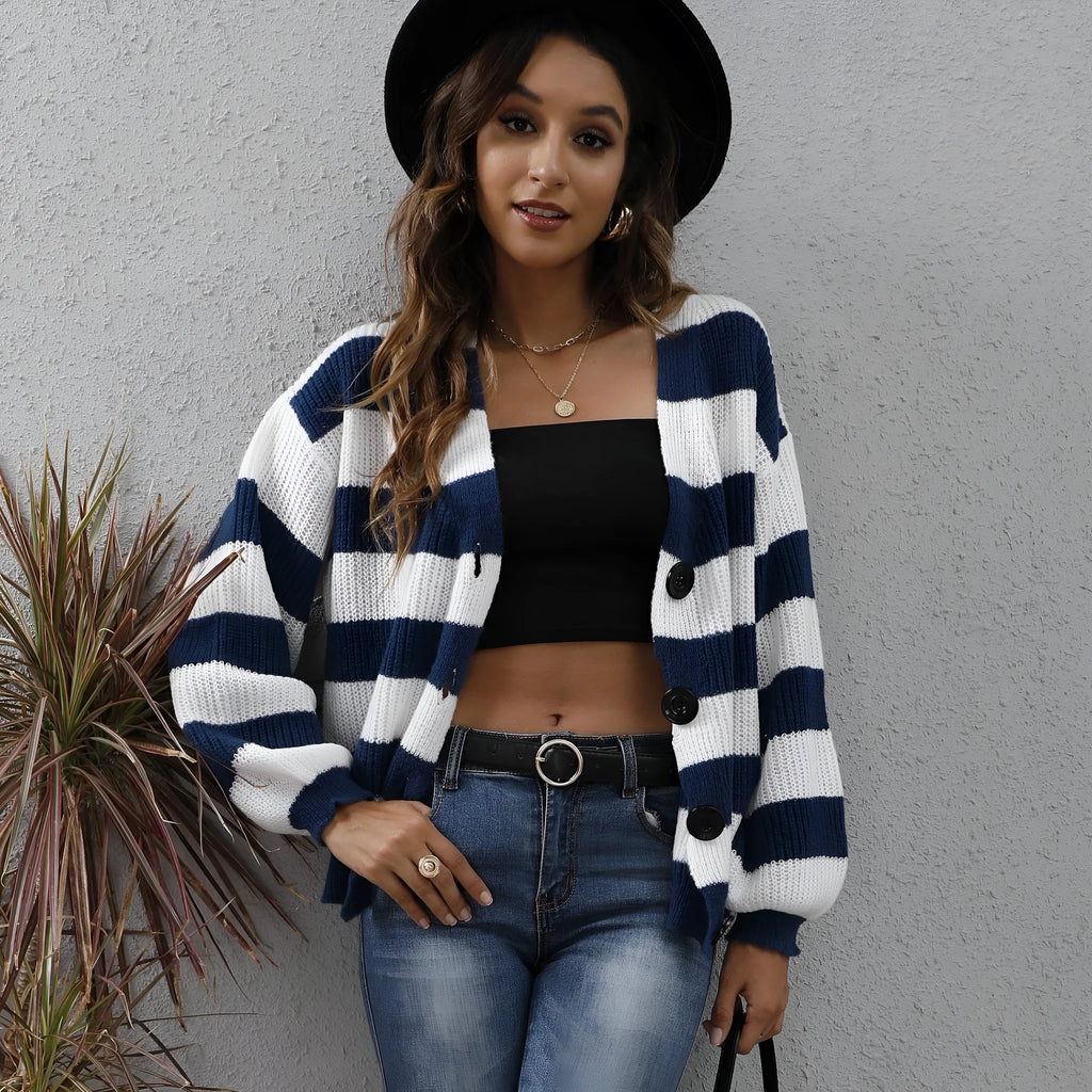 Women's striped cardigan with button front and deer plush fabric in European-American street fashion style