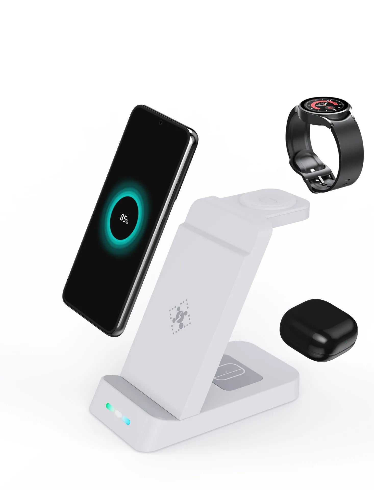 Black and white 3-in-1 wireless charging station for phone, Apple Watch and AirPods on a desk