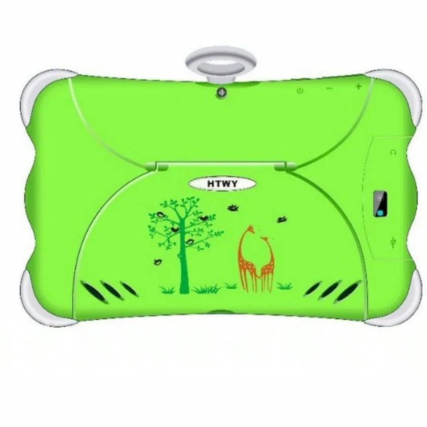 A 7-inch children's learning tablet in a cartoon colour, shown with its stand, on a table.