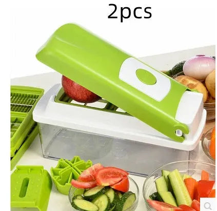 Green 12-piece manual vegetable chopper set with stainless steel blades and multiple attachments