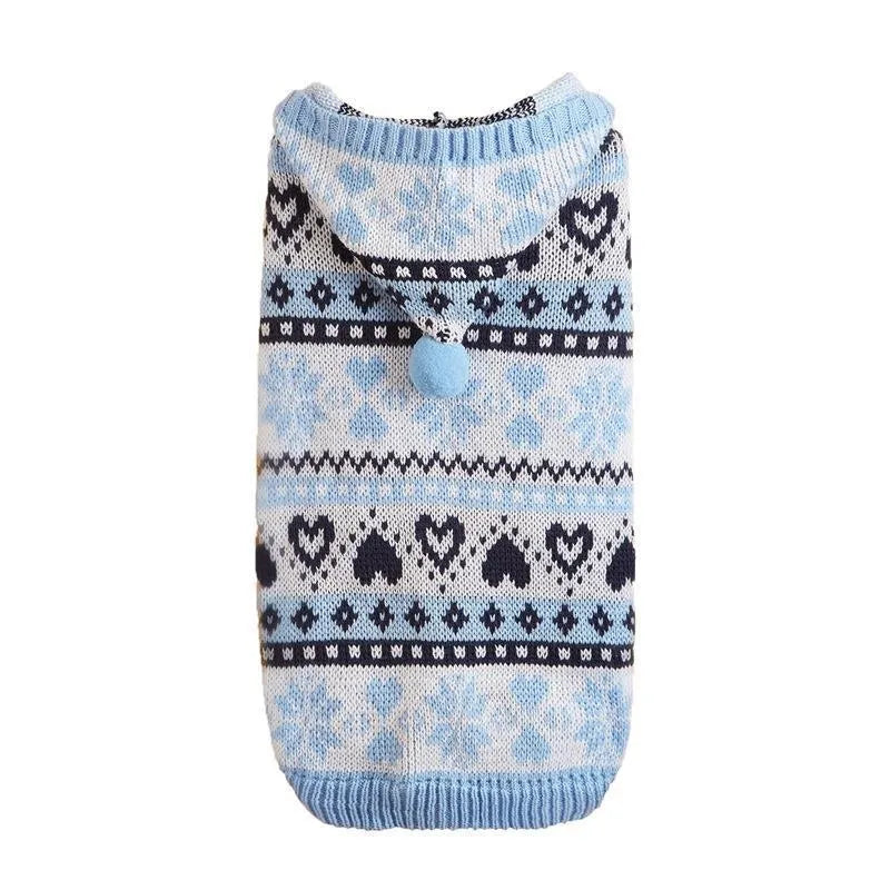 Pink, blue, and grey striped camouflage dog sweater with snowflake and love motifs for small breeds.