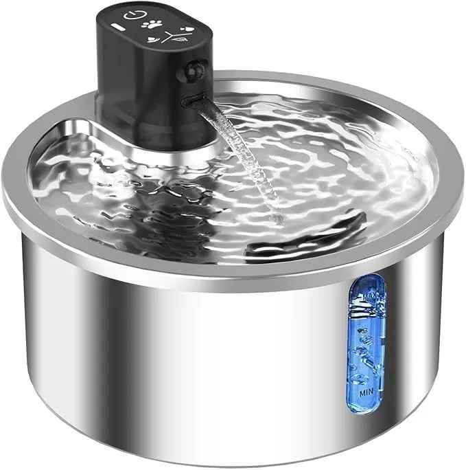 Stainless steel pet water fountain with heating base in black or white colour options