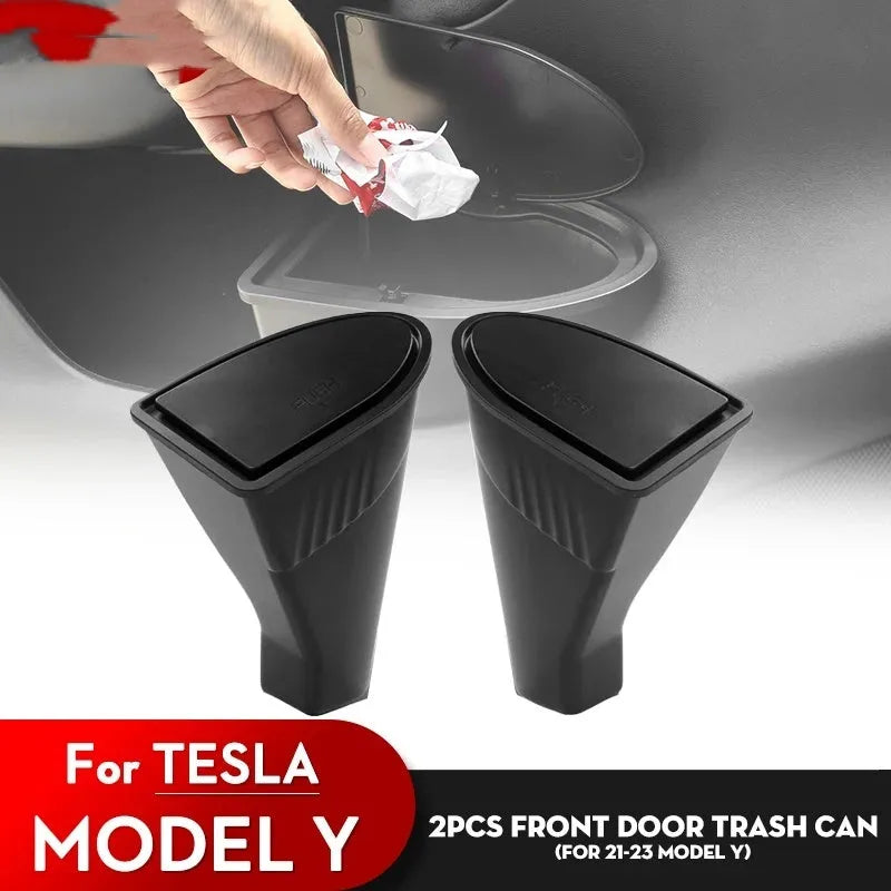 Two black ABS plastic car door storage bins designed for Tesla Model Y front compartments.