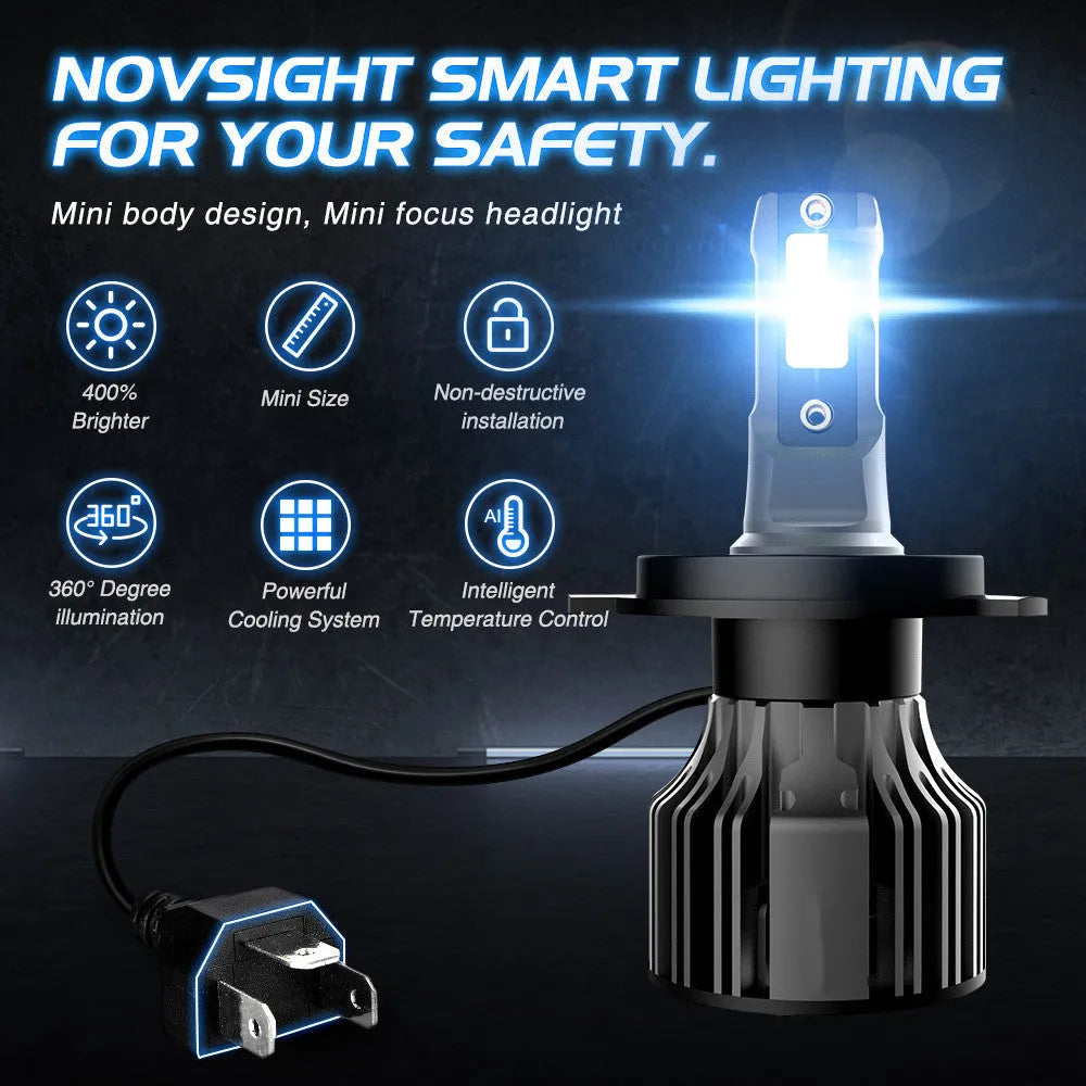 Car LED headlight bulb kit showing 6000K white light, 72W power rating, and compatible model numbers like H7 and 9005.