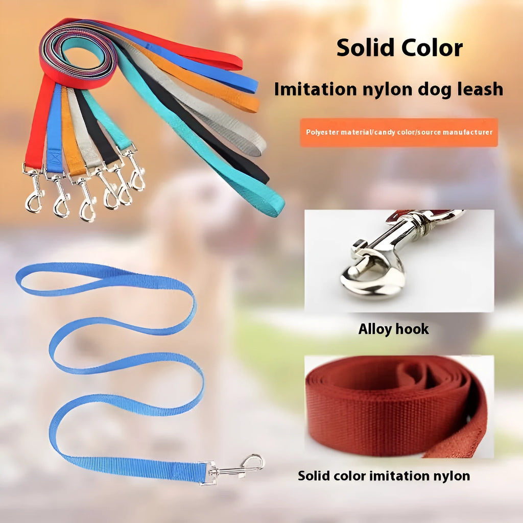 Solid colour polyester dog lead held in a hand, showing one of eleven colour options and its single rope construction.