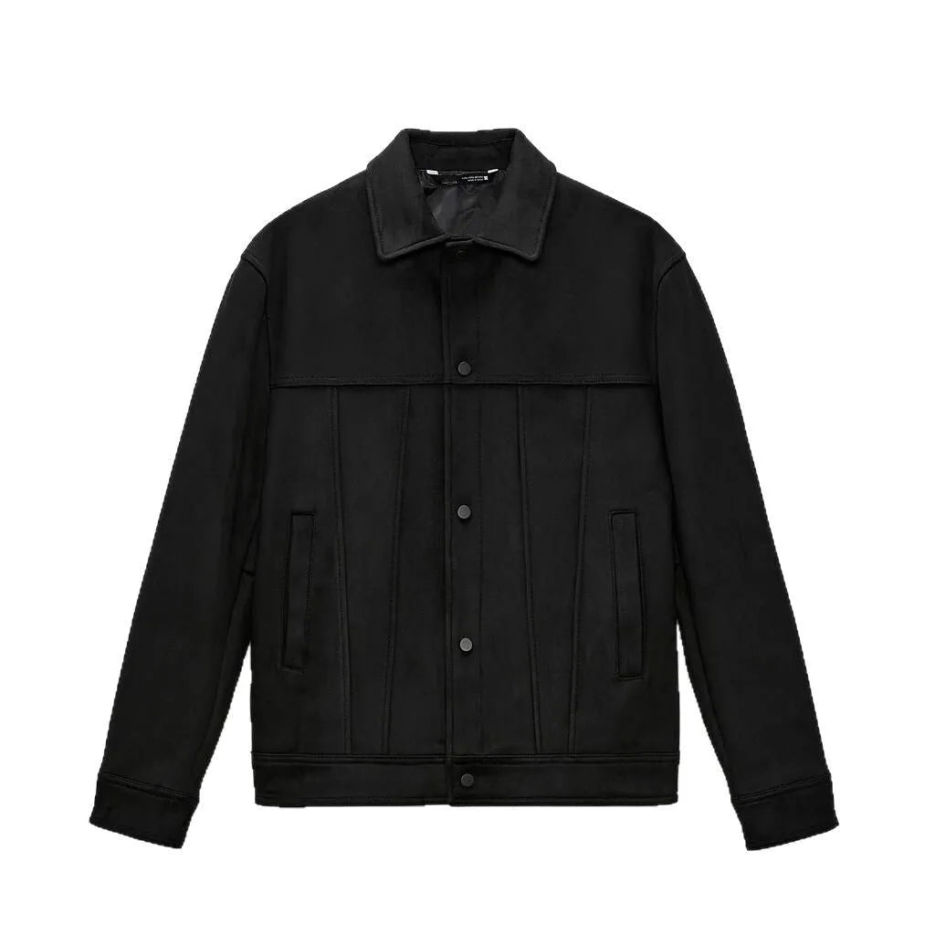 Black men's hooded jacket with a suede collar and side pockets, shown on a hanger.