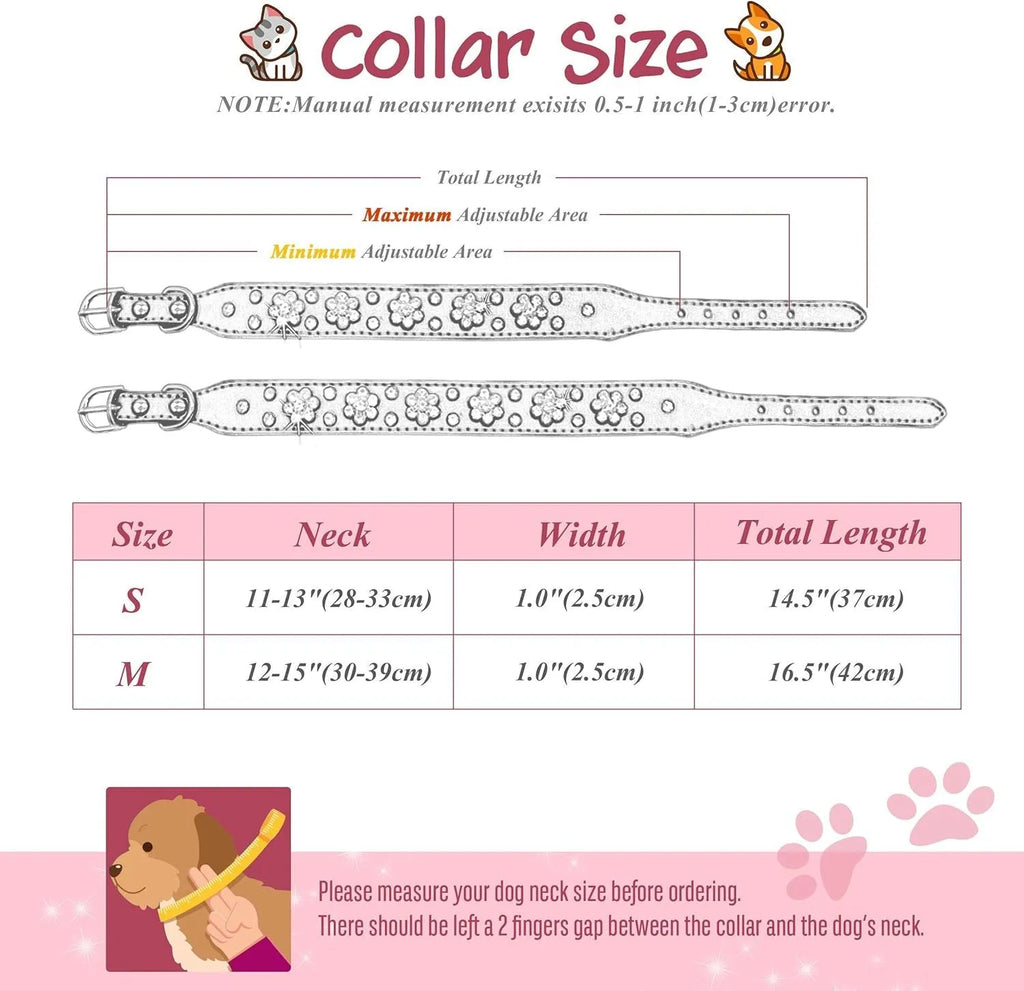 PU leather dog collar with rhinestone flower pattern and metal D-ring on a white background