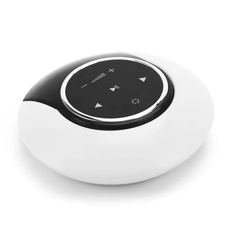 Blue foldable Bluetooth desk lamp speaker with touch controls for dimmable LED lighting.