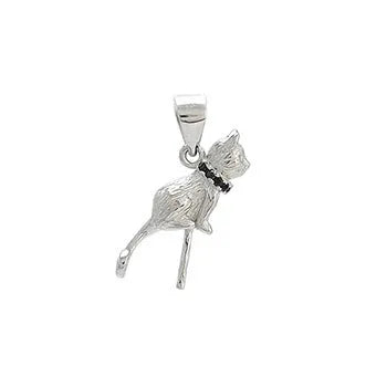 Close-up of a sterling silver cat pendant on a clavicle necklace chain.