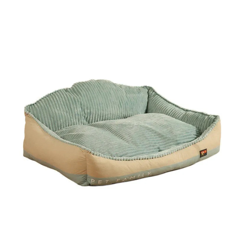Morandi colour washable pet bed with kennel design on a sofa, shown in two sizes for dogs and cats.