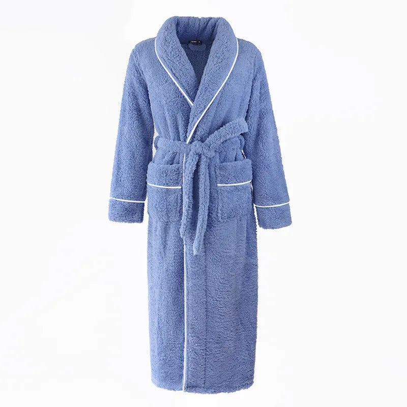Super thick flannel winter bathrobe couple set shown in navy blue and grey colour options.
