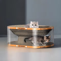 White transparent PVC cat nest tunnel toy with integrated scratch board, measuring 58x45x23cm
