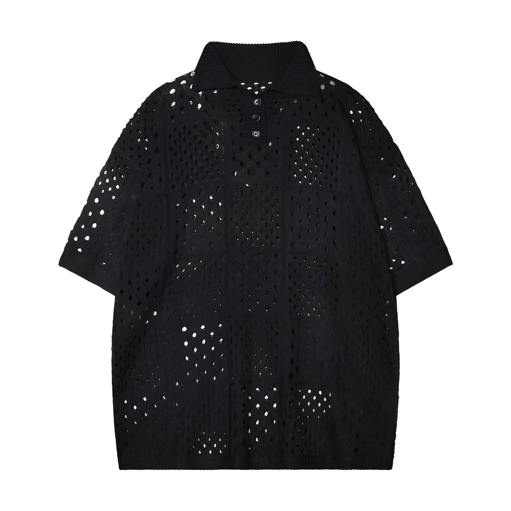 Men's black short-sleeved polo shirt with loose fit and cardigan style on hanger