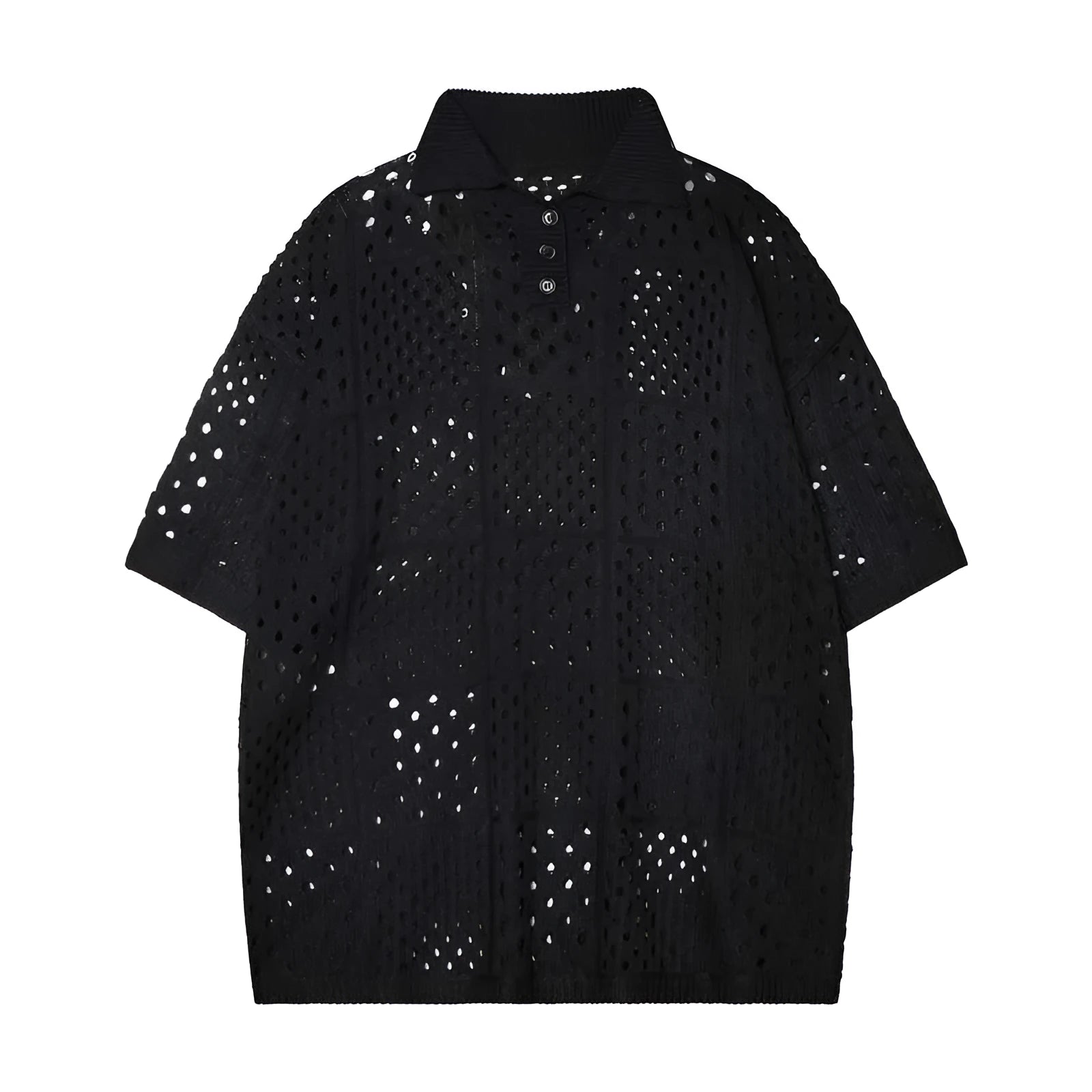 Men's black short-sleeved polo shirt with loose fit and cardigan style on hanger