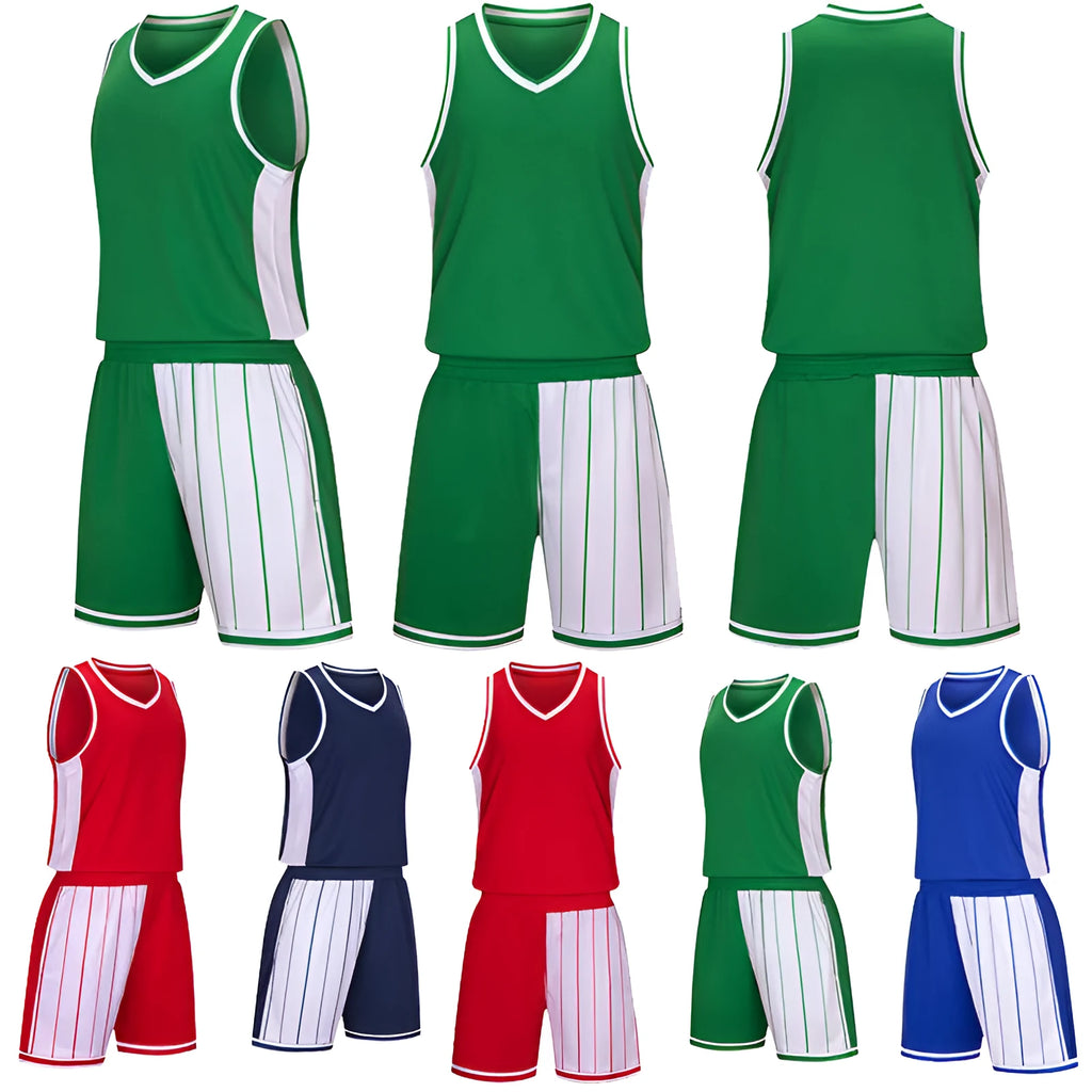Men's basketball uniform set with top and shorts in grass green colour on a mannequin.