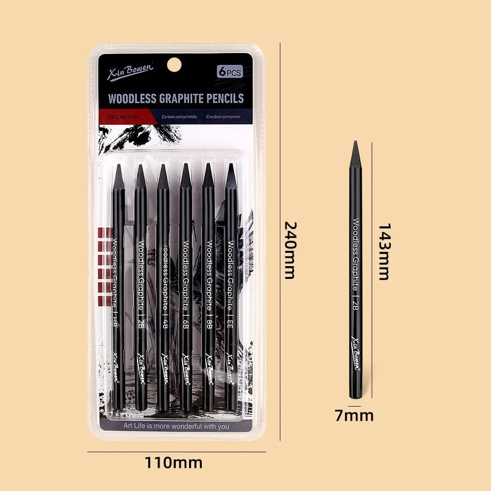 Set of six wood-free graphite sketching pencils showing HB, 2B, 4B, 6B, 8B and EE grades